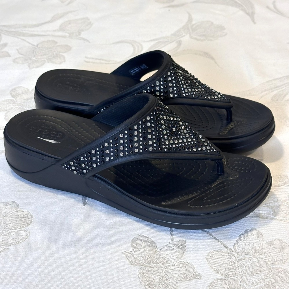 Crocs Sandals Womens-11 Monterey Shimmer‎ Wedge Thong Flip Flops Black